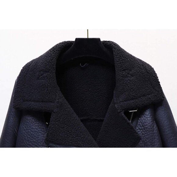 ⚡Women's Faux Lamb Black Shearing Moto Jacket Thick Lined Parka Leather Jacket - Picture 5 of 6